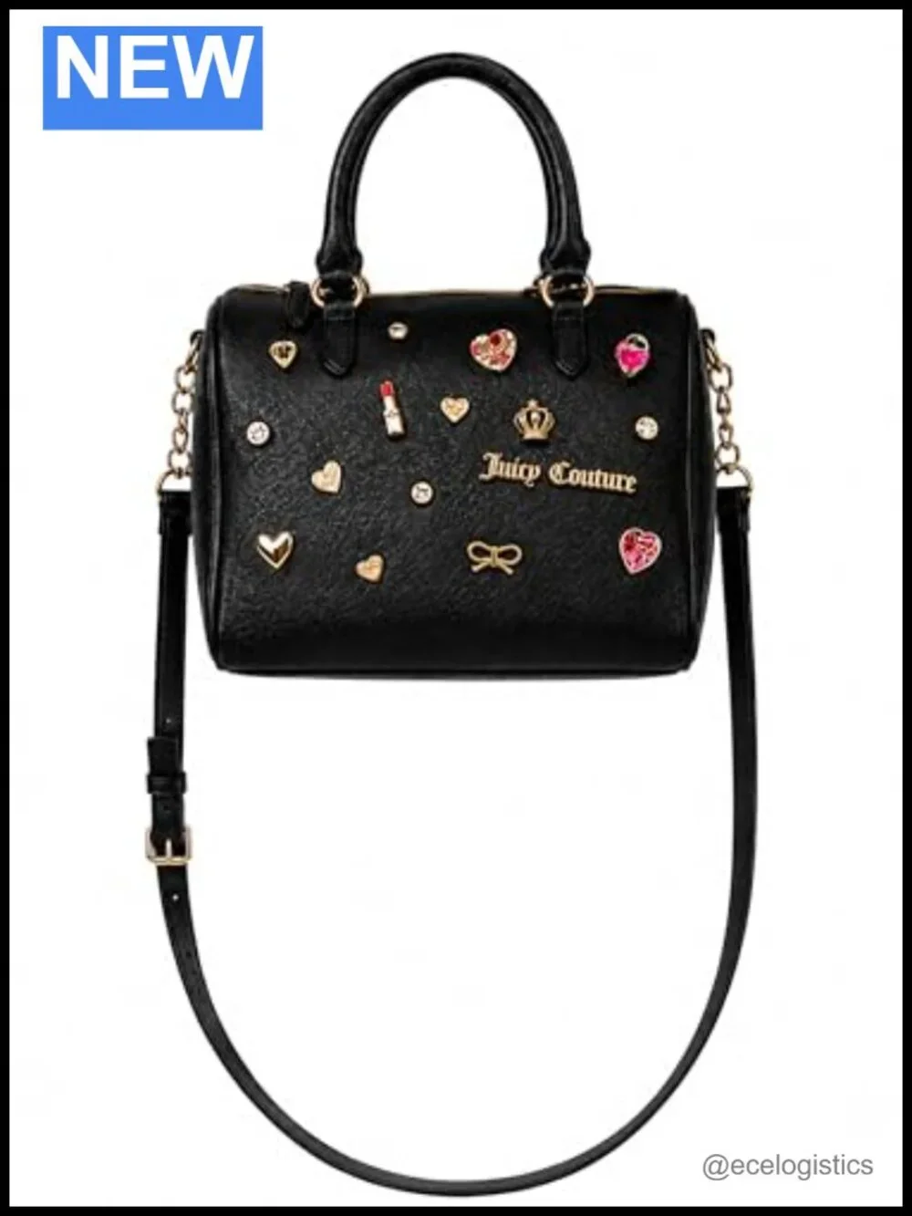 Faux Leather Charm Satchel Bag with Crossbody Strap Heart Crown Bow Lipstick
